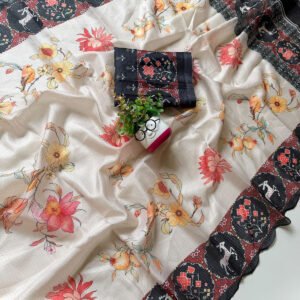 Floral printed kota check saree with songbird motif and contrast scallop border by CHULKI